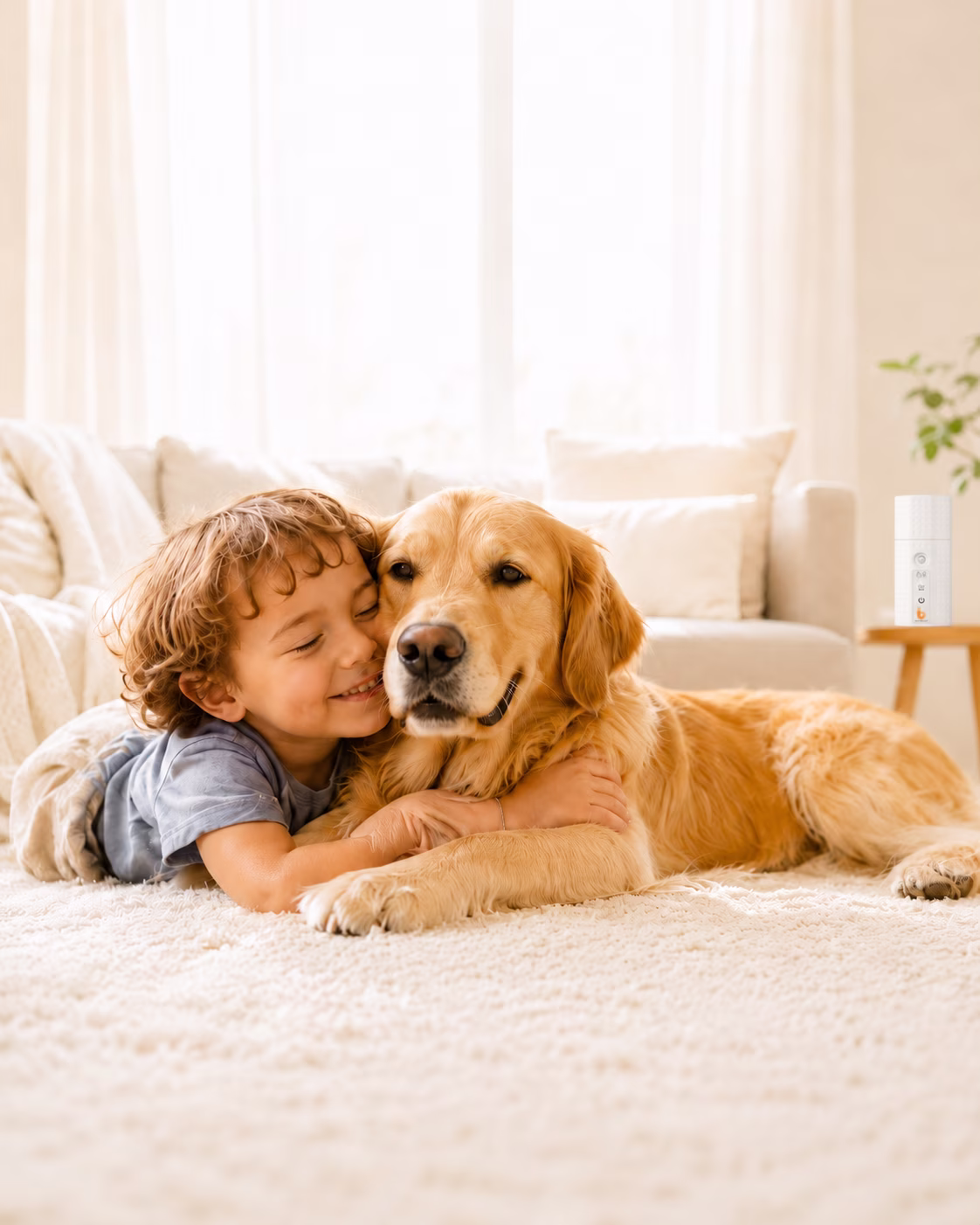 Young boy resting his forehead against a golden retriever