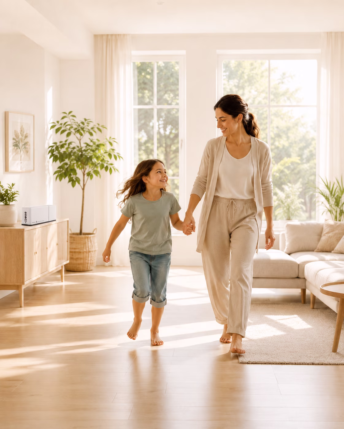 Mother and child running barefoot across a bright wood floor